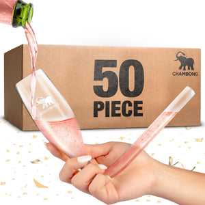 Chambong 50 Plastic Champagne Glasses Bulk - Bachelorette Party Favors, Bridesmaid Proposal Box & Gifts, Champagne Flutes Plastic, Prosecco Pong, Reusable Drinking Glasses Pack, Sparkling Wine Bongs